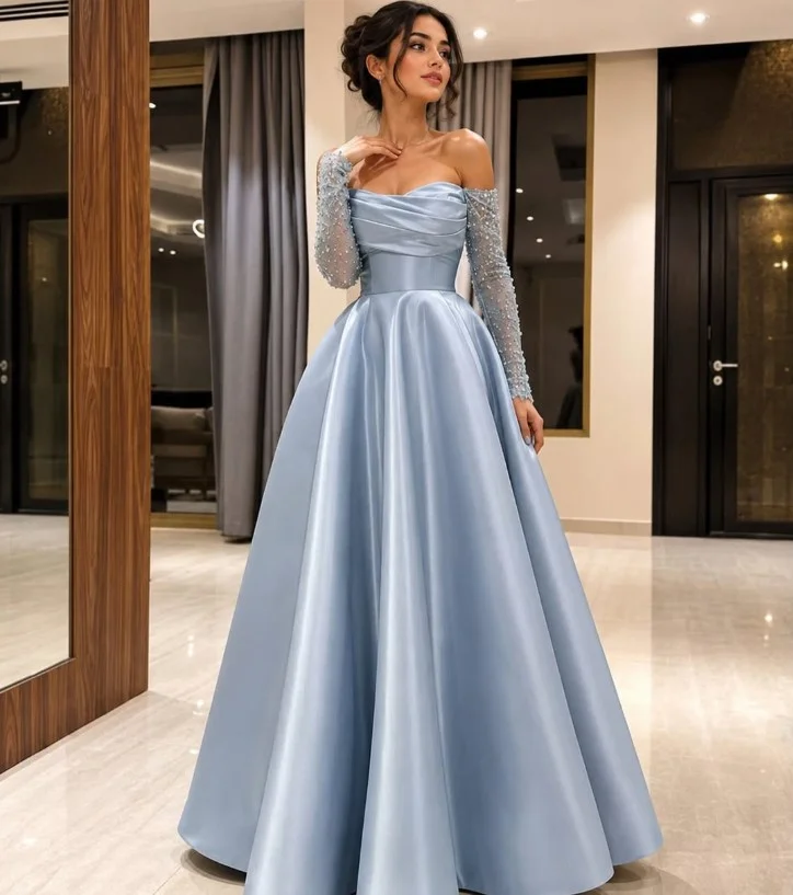 Sky blue satin prom dress with a sweetheart neckline and elegant silver accessories