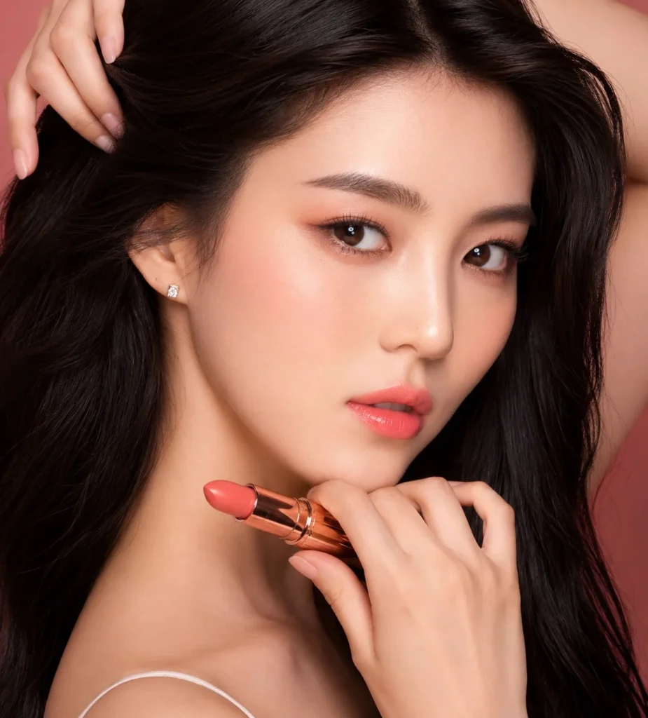 Soft coral-rose lipstick that gives olive skin a fresh, radiant summer beauty look.