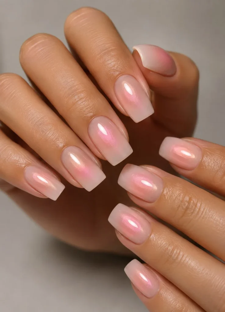 Square aura nail designs blending soft color over a sheer nude base with a glowing effect.
