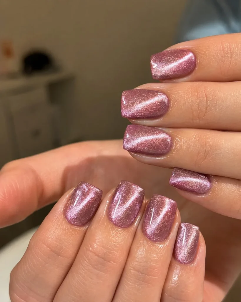 Square cat-eye velvet nail designs featuring magnetic shimmer with a luxurious finish.