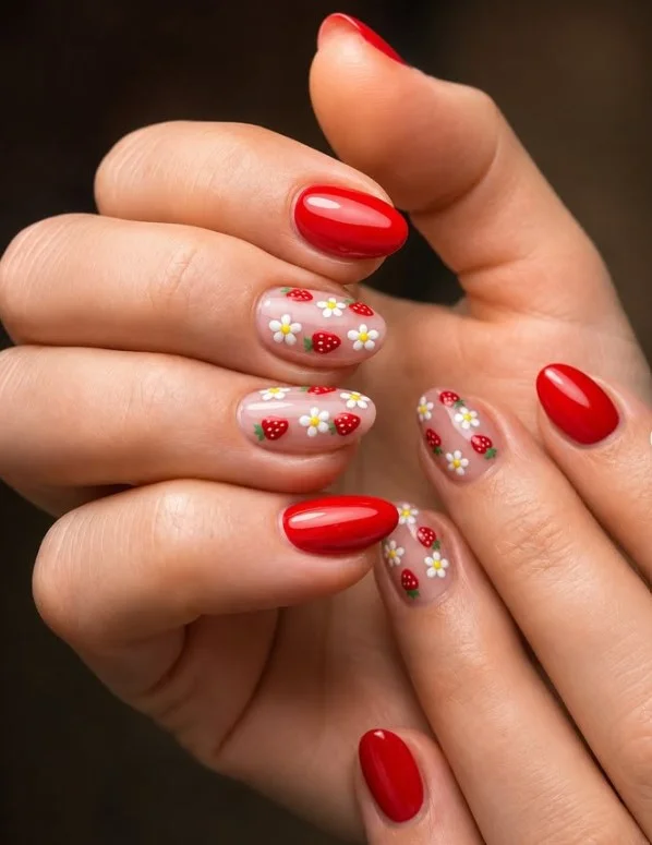 Soft strawberry red nail designs featuring delicate white daisy flower nail art on glossy nails.