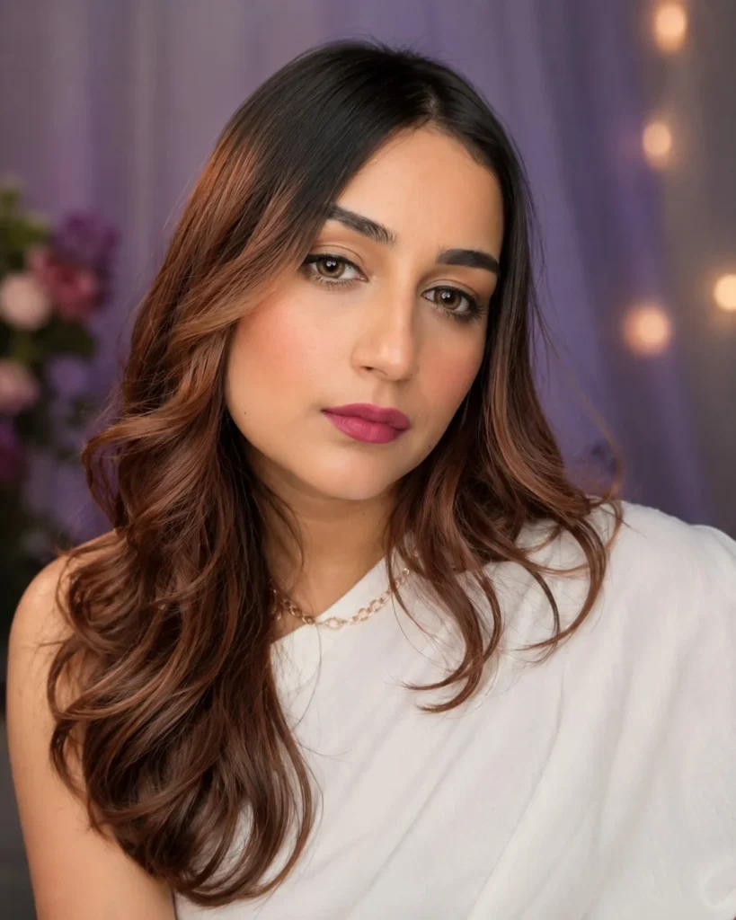 Warm berry rose lipstick that gives olive skin a romantic and glowing evening look.