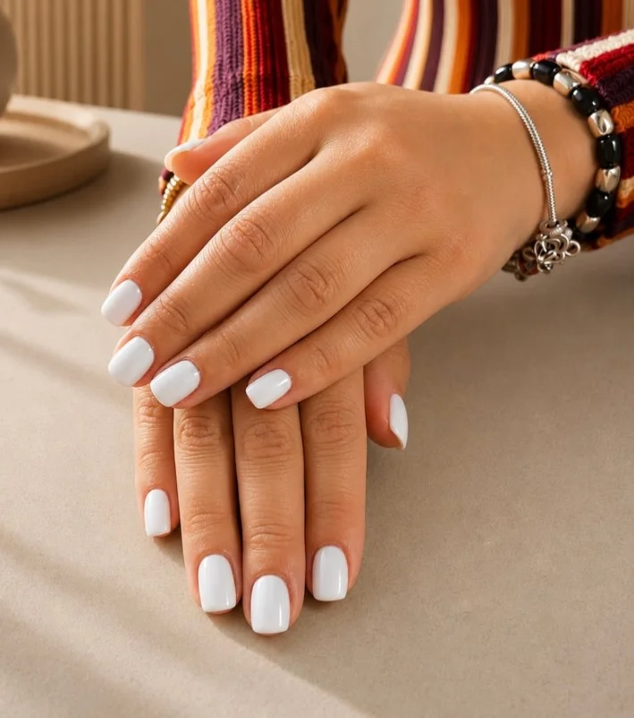 Bright white manicure creating contrast with a dark green dress.