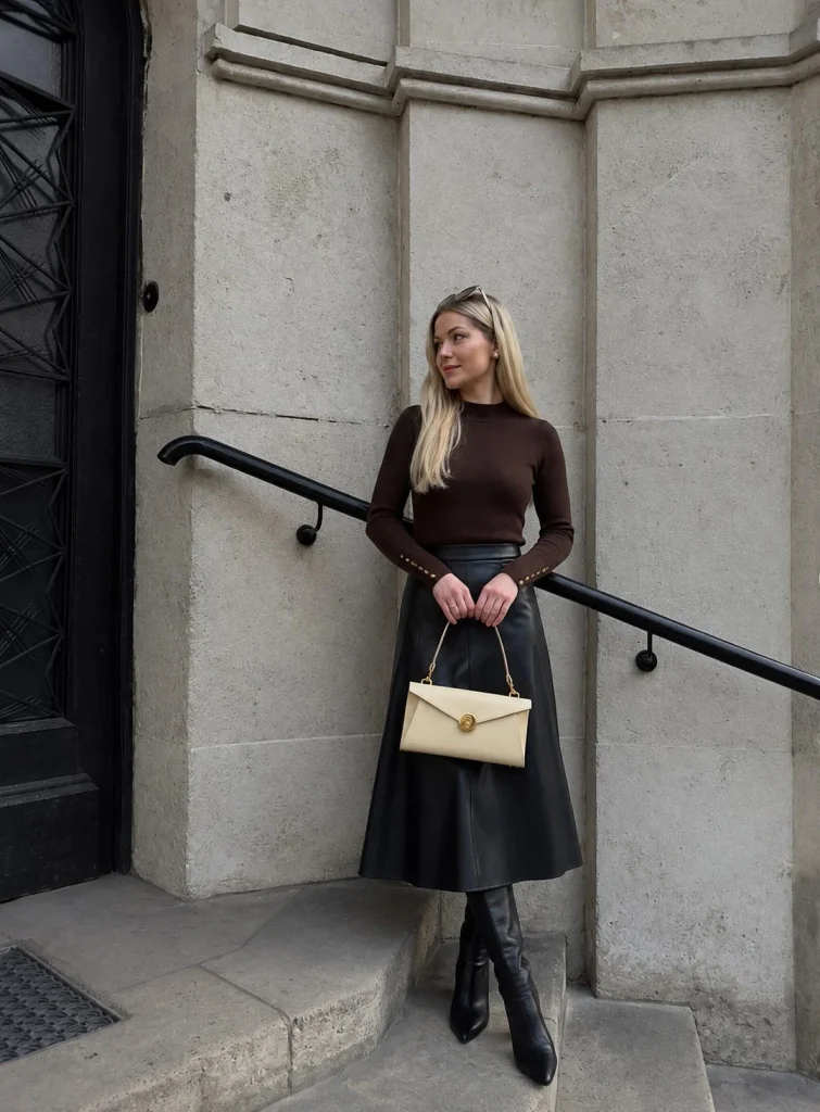 Woman wearing black knee-high boots with a leather midi skirt and a fine knit sweater.