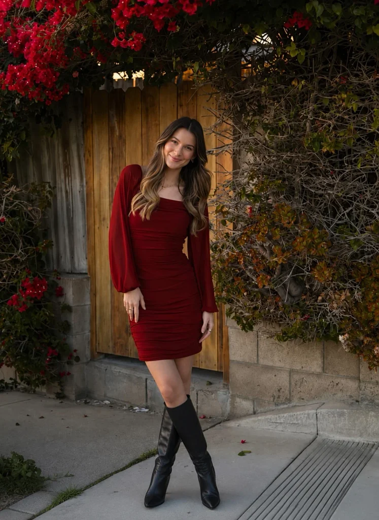Woman wearing black knee-high boots with a long-sleeve bodycon dress.