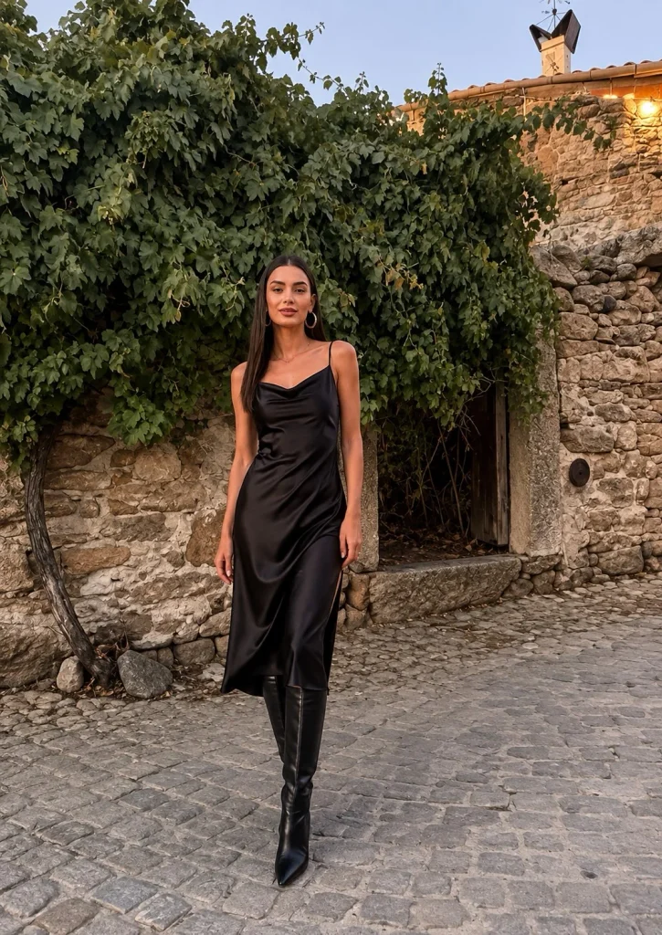 Woman wearing black knee-high boots with a satin slip dress.