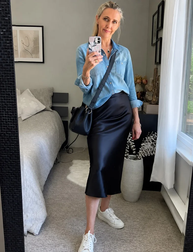 Woman wearing a blue denim shirt with a black satin midi skirt.