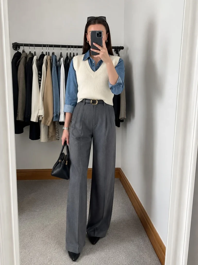 Woman wearing a blue denim shirt under a cream knit vest with gray tailored trousers.