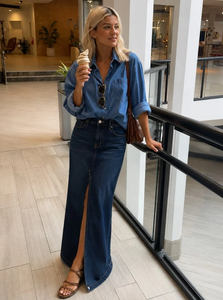 Woman wearing a blue denim shirt with a dark denim maxi skirt and brown shoes.