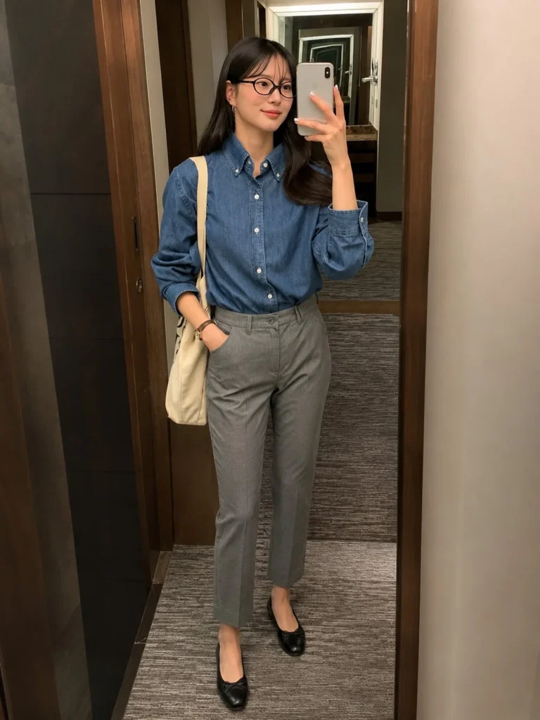Woman wearing a blue denim shirt with gray cigarette trousers and ballet flats.