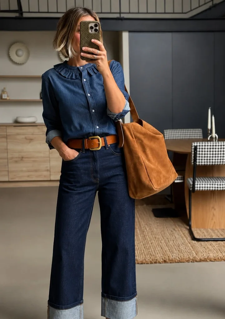 Woman wearing a blue denim shirt with dark indigo jeans and a leather belt.