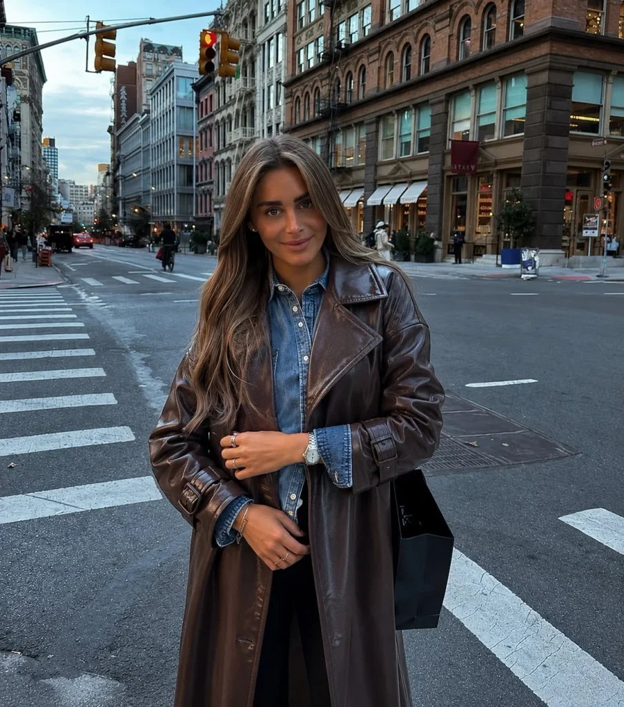 Woman wearing a blue denim shirt under a long black leather trench with black trousers.