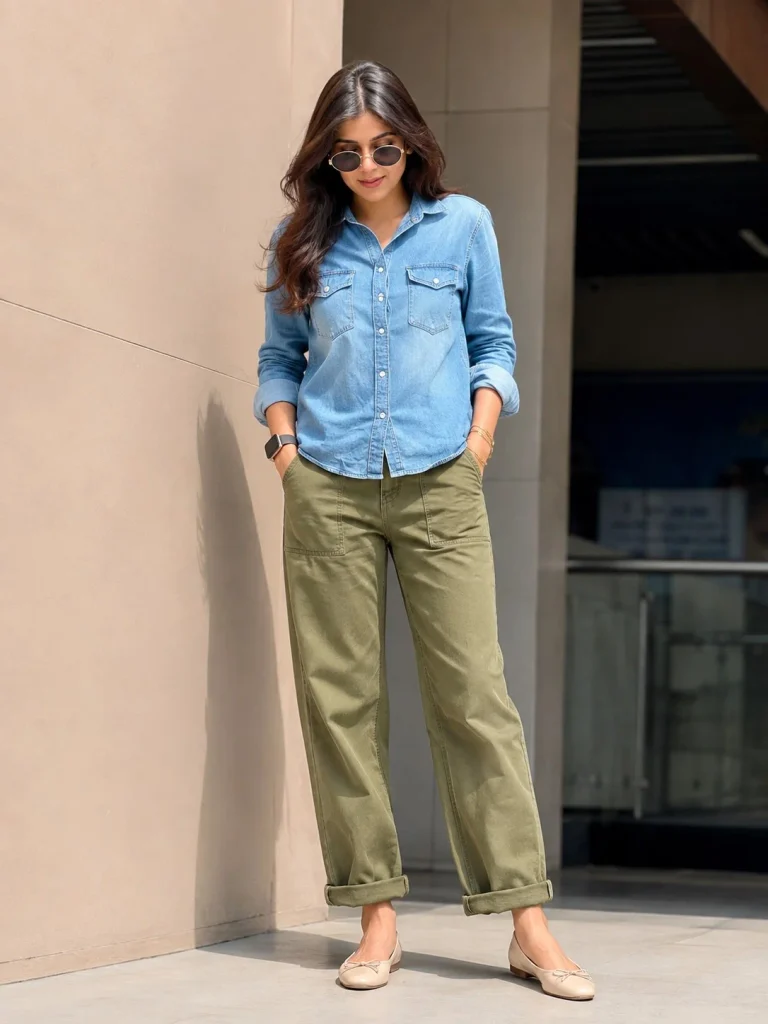 Woman wearing a blue denim shirt with olive utility trousers and ballet flats.