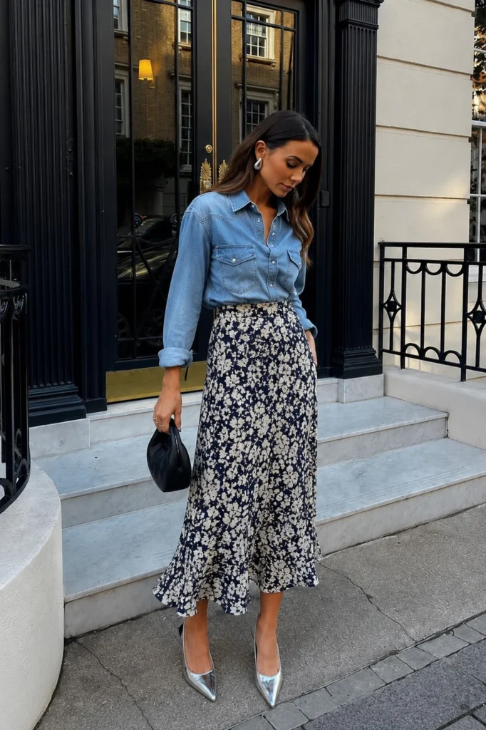Woman wearing a blue denim shirt with a printed midi skirt and slingback flats.