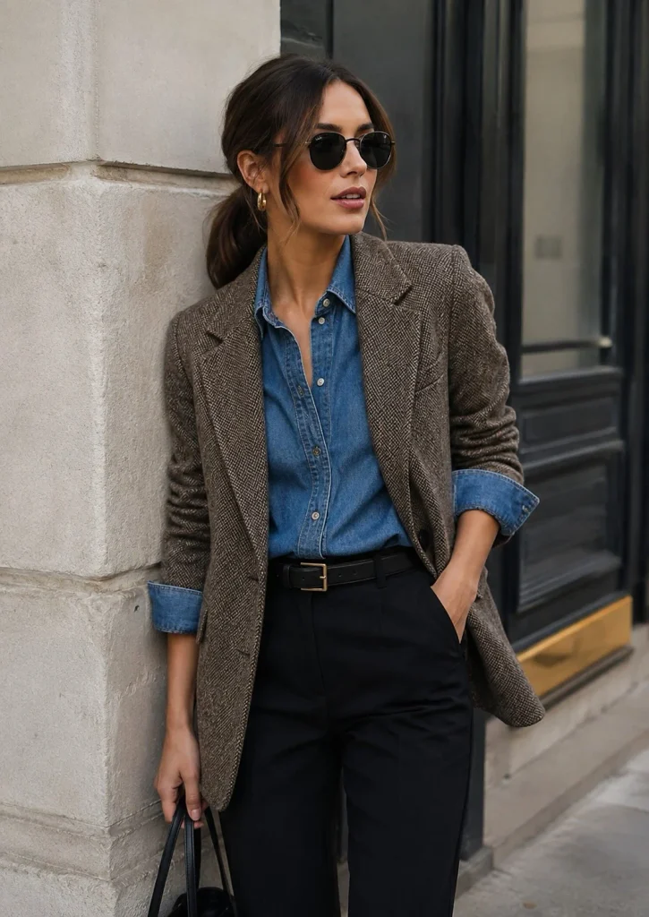 Woman wearing a blue denim shirt under a tweed blazer with tailored trousers.