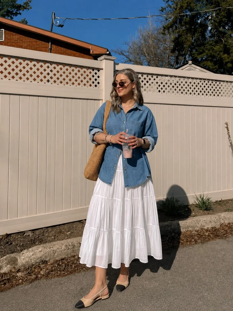 Woman wearing a blue denim shirt with a white midi skirt and slingback flats.