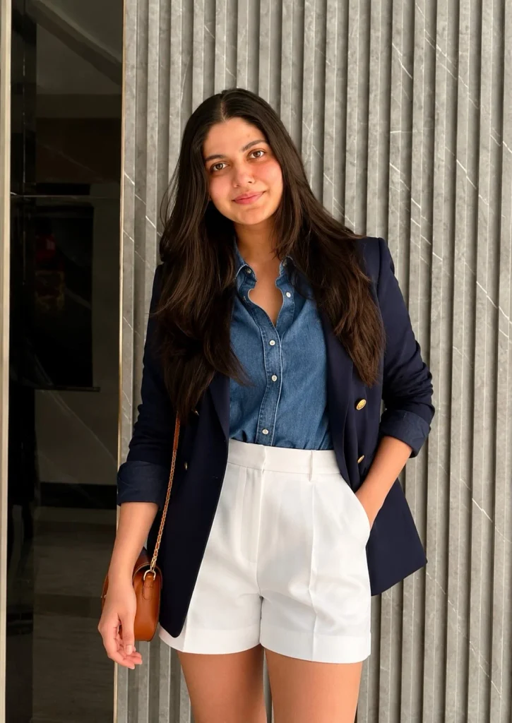 Woman wearing a blue denim shirt with white tailored shorts and a navy blazer.