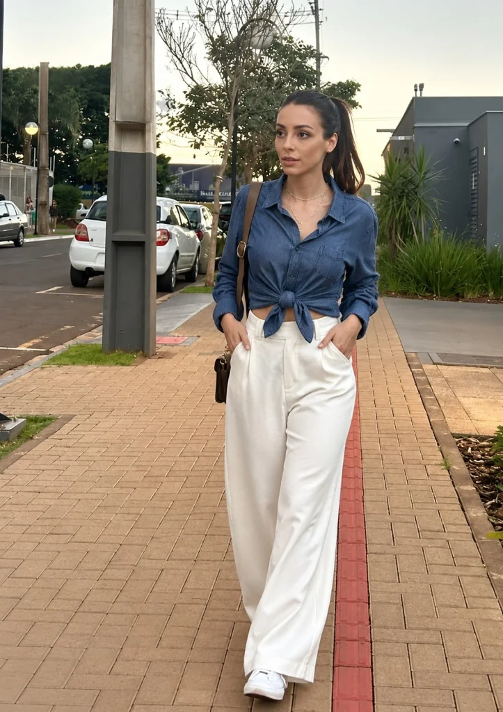 Woman wearing a knotted blue denim shirt with high-waisted wide-leg trousers.