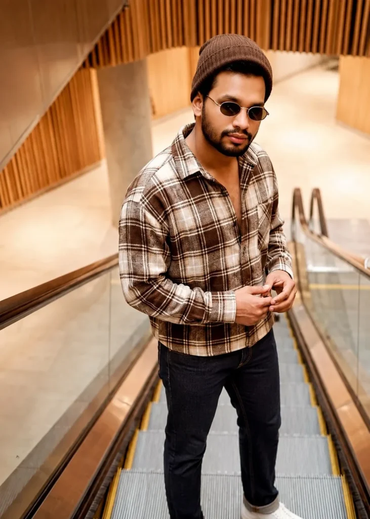 Man wearing a brown flannel shirt with dark denim, a black beanie, and sturdy winter boots.