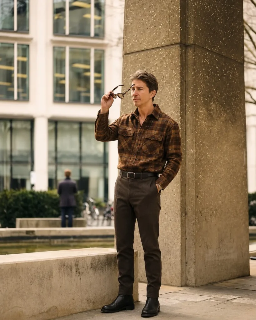 Man wearing a brown plaid flannel with dark jeans and black leather boots for a rugged casual outfit.