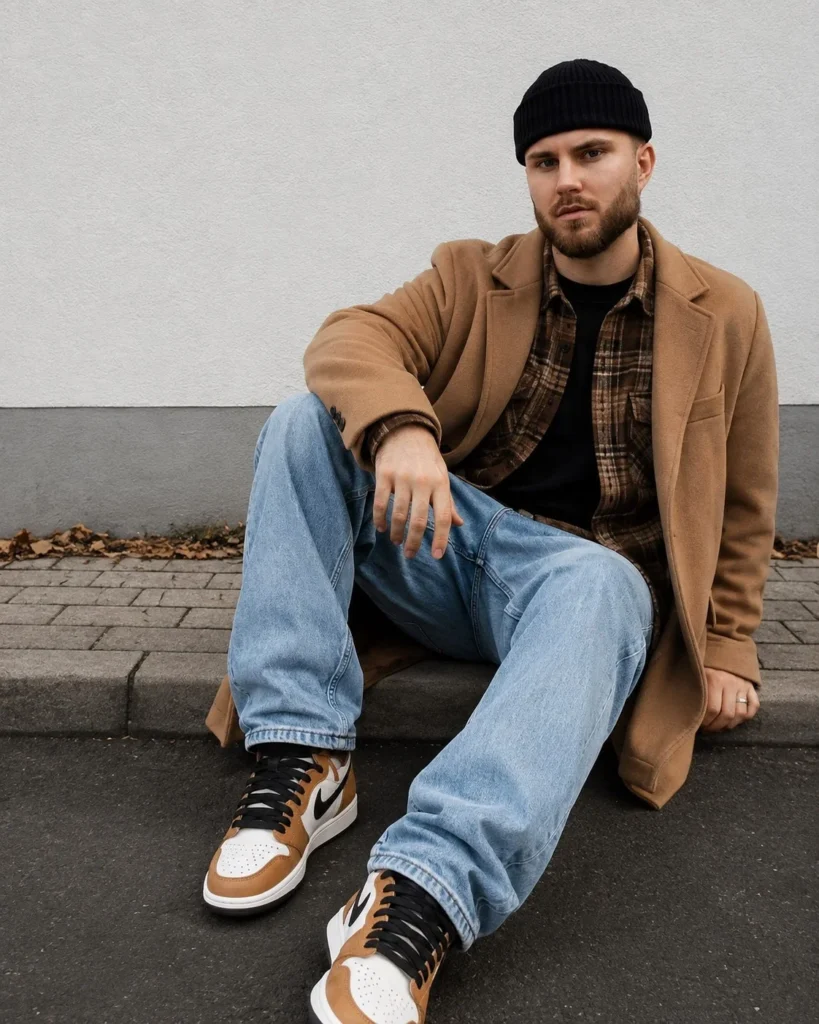 Man wearing a dark brown flannel under a camel wool coat with dark jeans and brown leather boots.