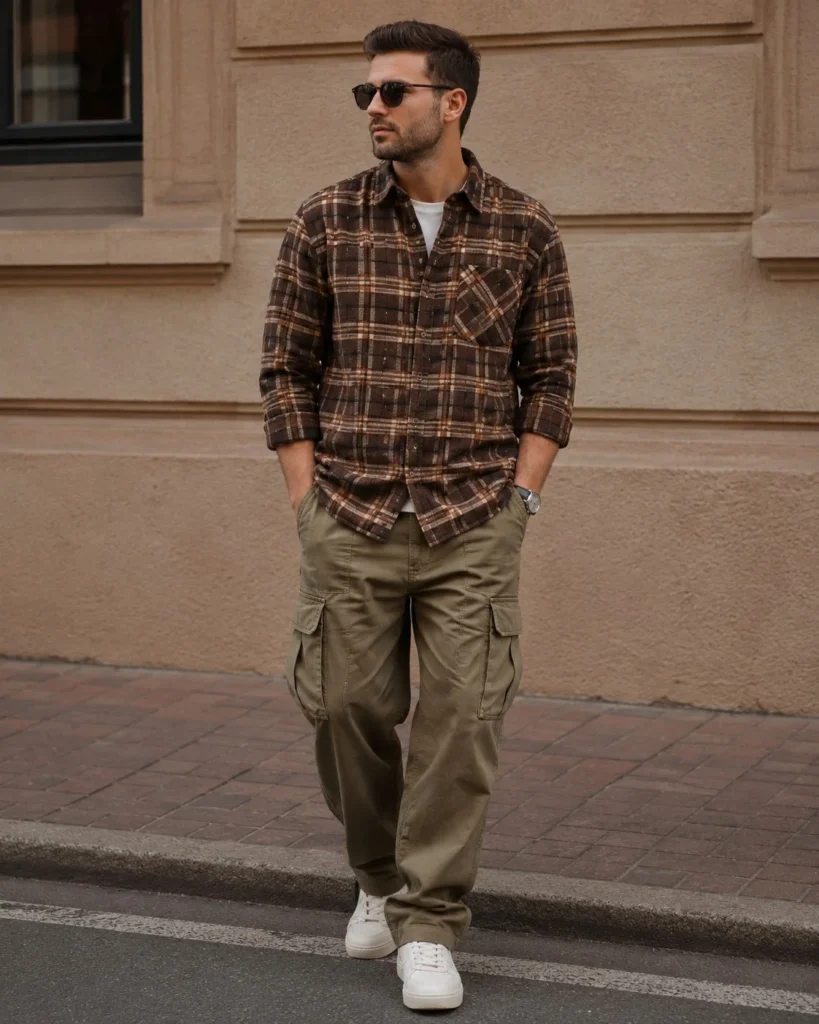 Man wearing a brown flannel shirt with relaxed olive cargo pants, a cream T-shirt, and casual sneakers.
