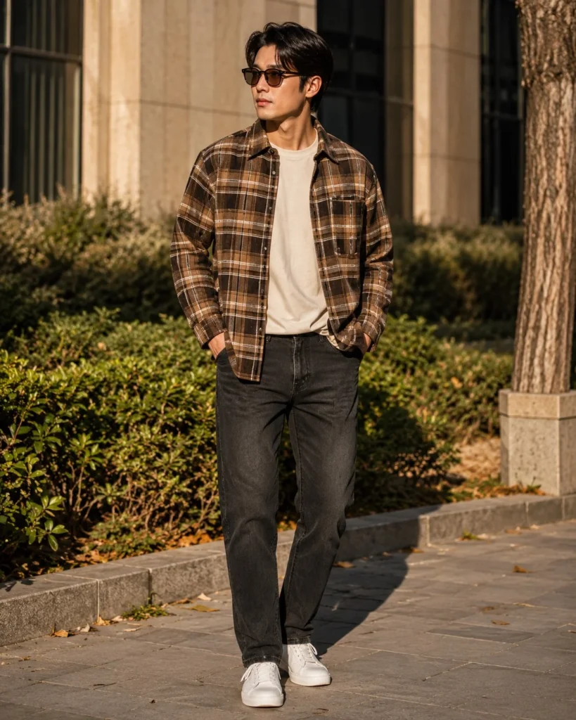 Man wearing a brown plaid flannel shirt with charcoal jeans, a neutral T-shirt, and dark boots.