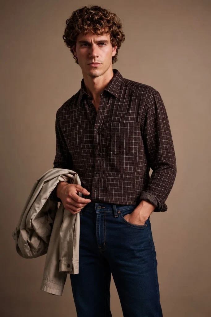 Man wearing a brown flannel shirt with dark blue jeans, brown leather boots, and a casual belt.