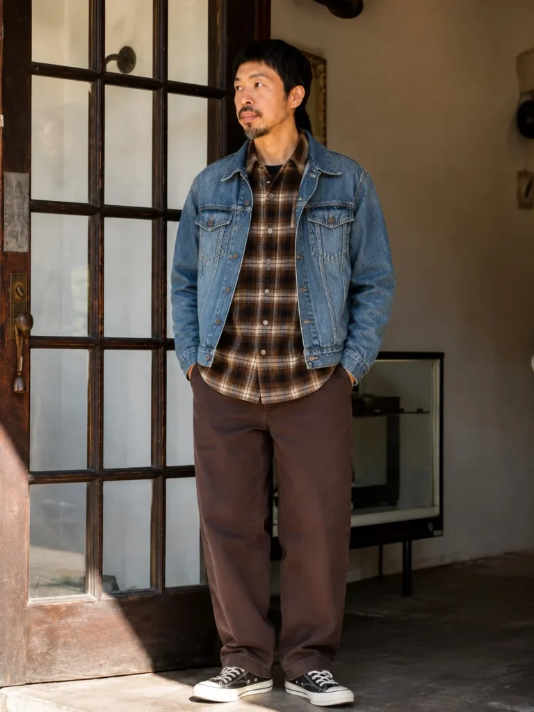 Man wearing a brown flannel shirt under a denim jacket with dark jeans and brown boots.