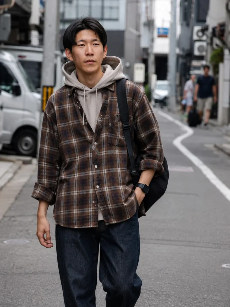 Man wearing a brown flannel layered over a gray hoodie with relaxed jeans and casual sneakers.