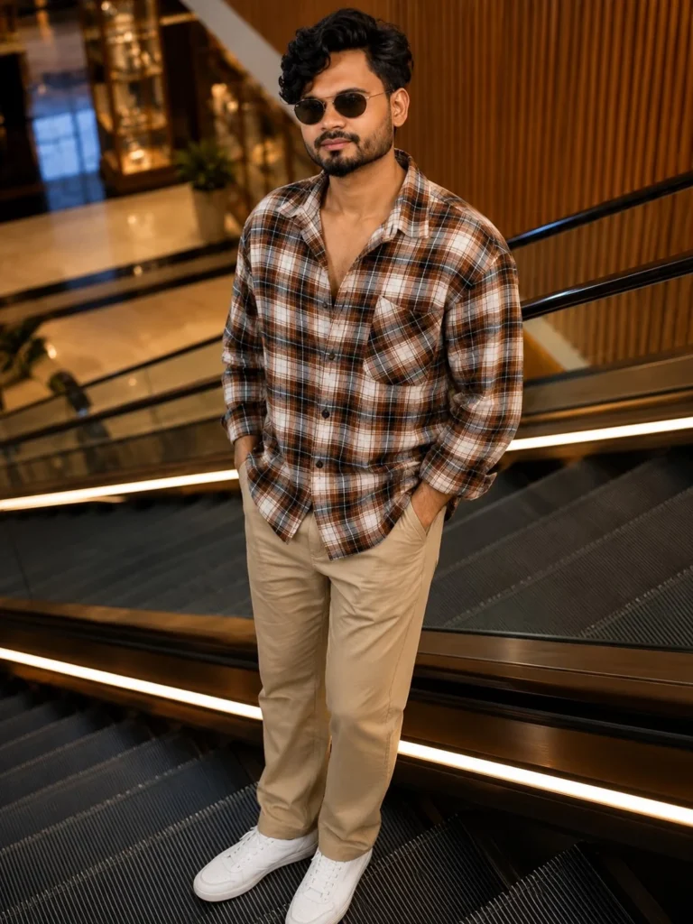 Man wearing a brown flannel shirt with khaki chinos, a leather belt, and suede casual shoes.
