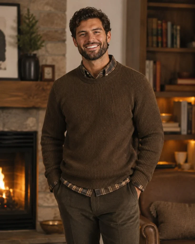 Man wearing a cream knit sweater layered over a brown plaid flannel with dark trousers and casual shoes.