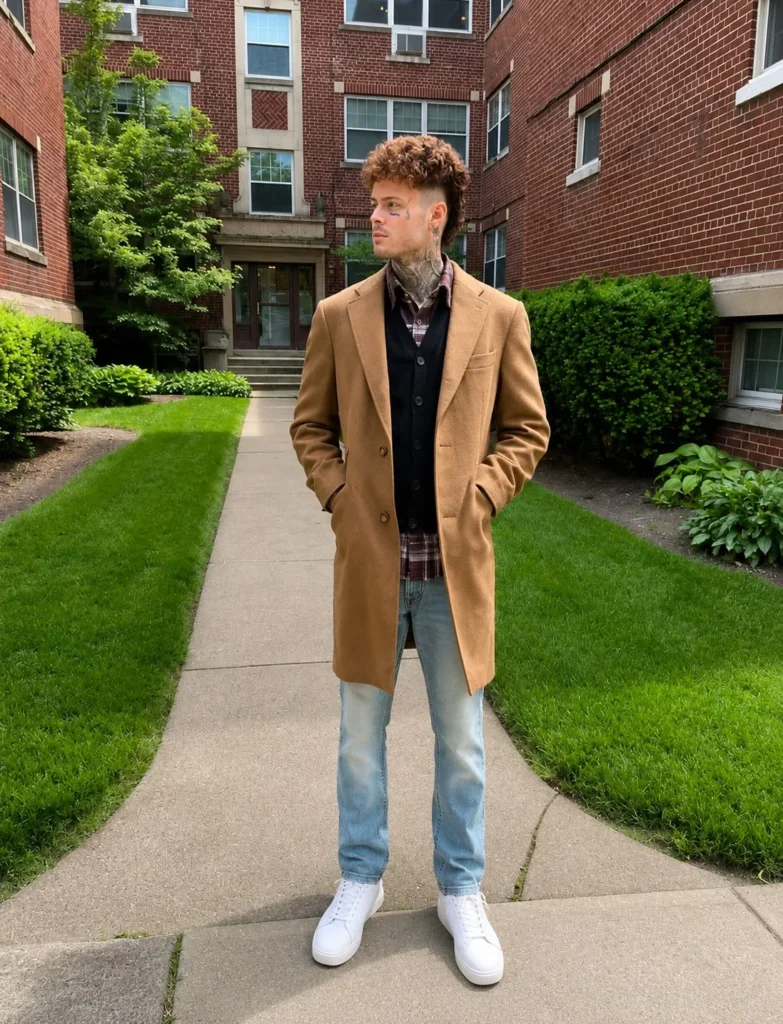 Man wearing an open brown flannel over a white T-shirt with blue jeans and clean white sneakers.