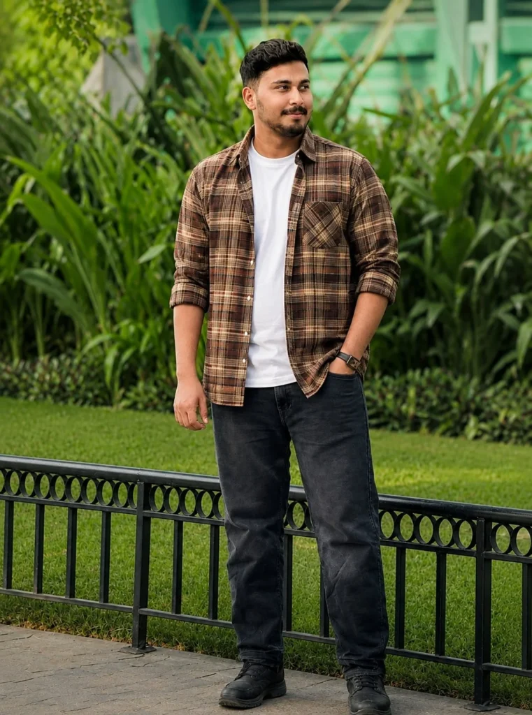 Man wearing a brown flannel shirt with relaxed olive cargo pants, a cream T-shirt, and casual sneakers.