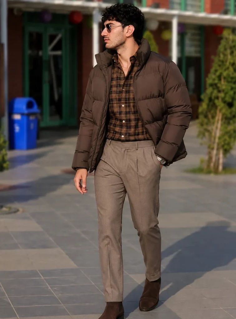 Man wearing a brown flannel as a middle layer under a puffer jacket with dark denim and winter boots.
