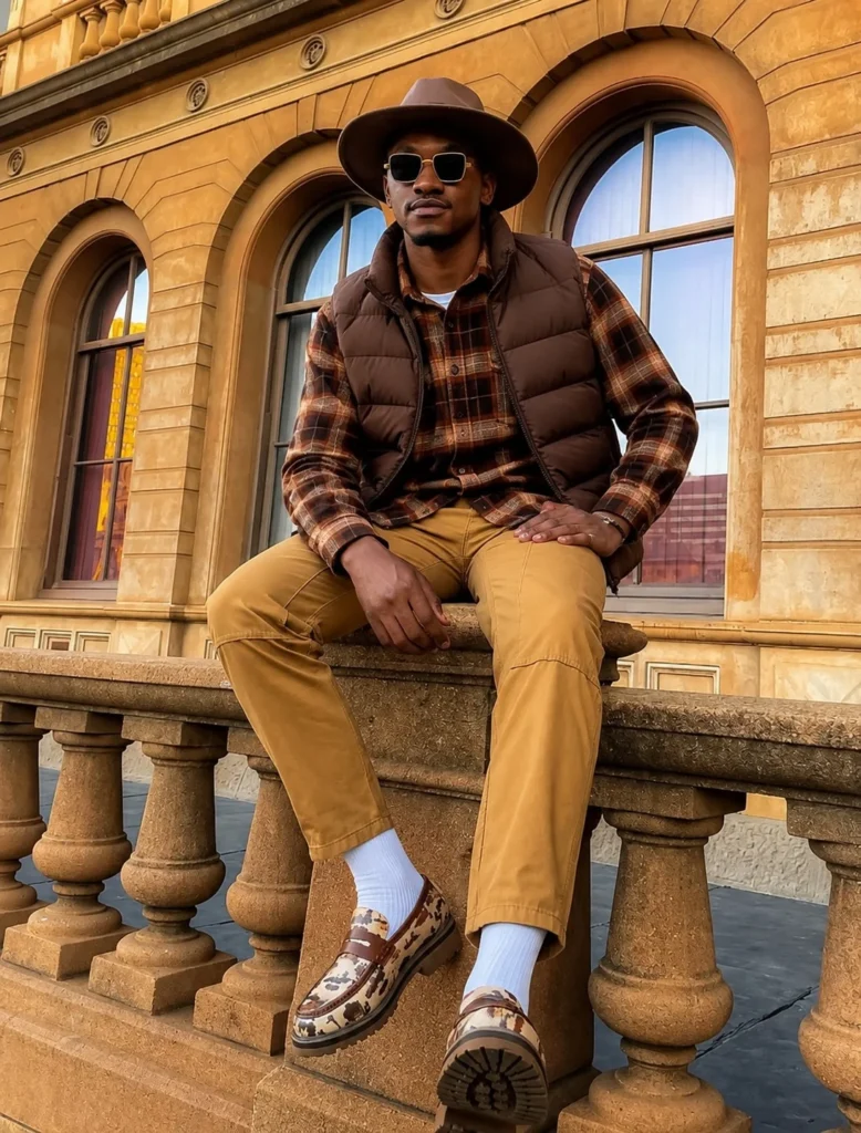 Man wearing a brown flannel shirt under a quilted puffer vest with dark jeans and casual boots.