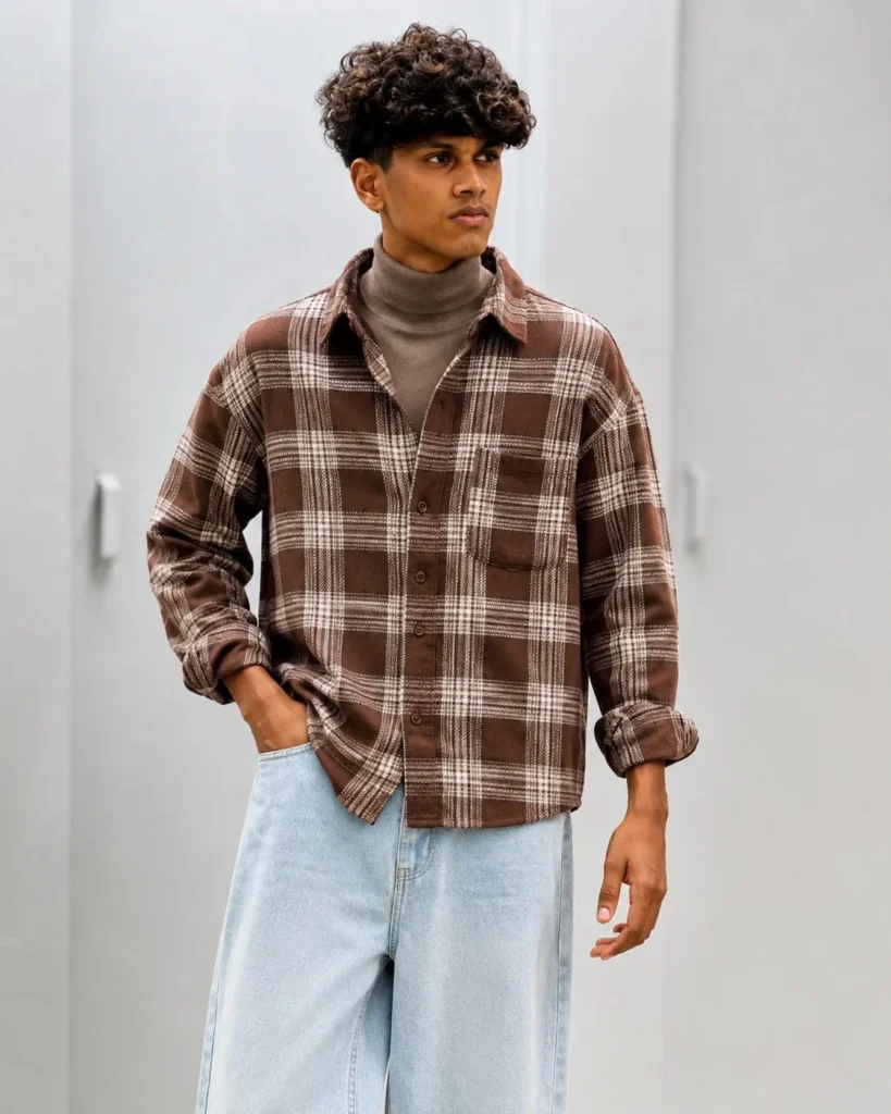 Man wearing a brown flannel layered over a thin cream turtleneck with dark trousers and leather shoes.
