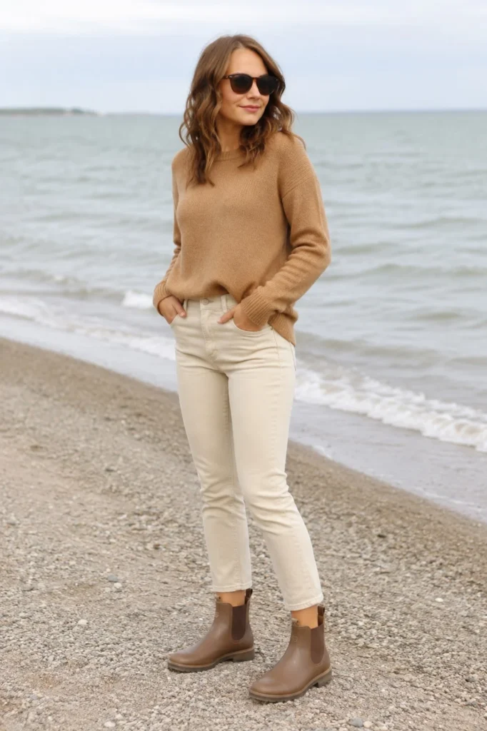 Woman wearing short brown rain boots with cream jeans and a camel sweater.