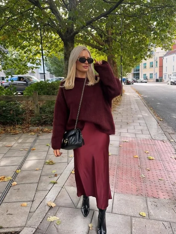 Warm burgundy outfit creating deep sophisticated style for warm skin