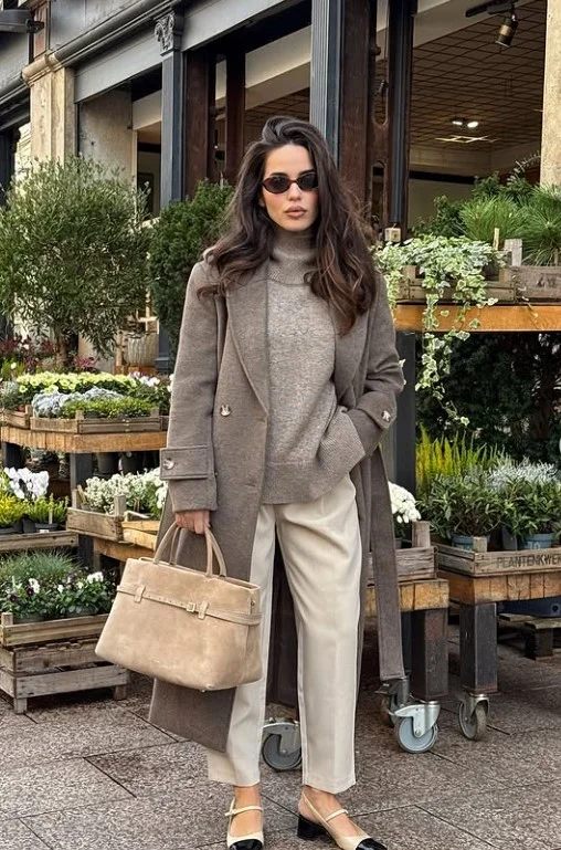 Camel beige clothing creating a polished warm neutral outfit for warm skin