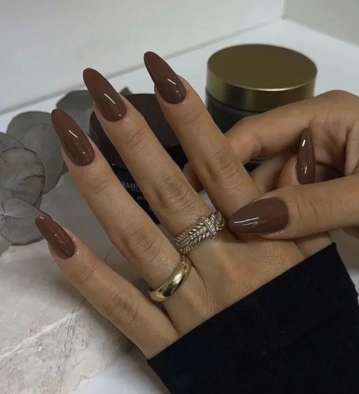 Chocolate brown nails creating a deep polished finish on tan hands.