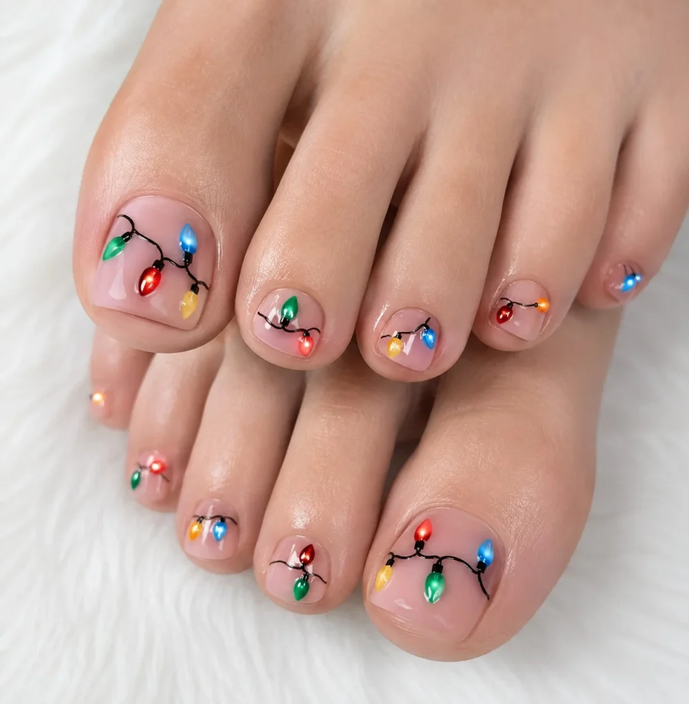 Christmas lights toe nails with colorful miniature lights arranged across a festive design