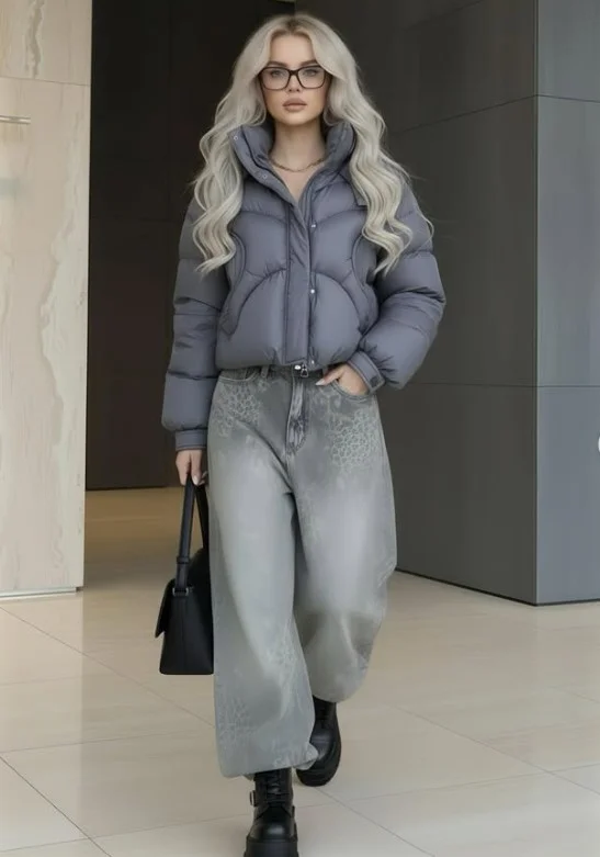 Woman wearing blue wide leg jeans with chunky black boots and a cozy winter sweater.