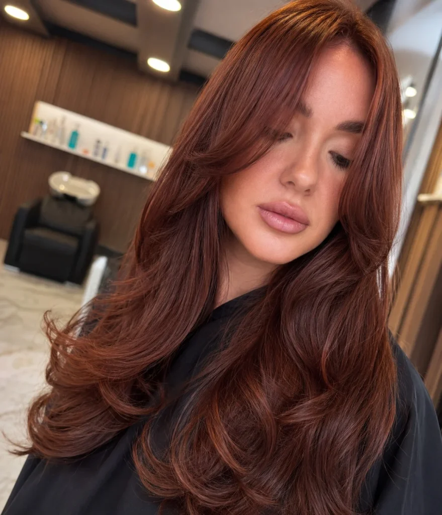 Cool auburn hair blending muted brown and red tones for a refined look.