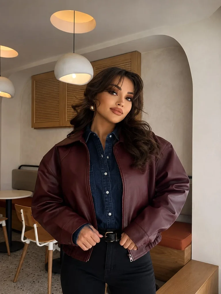 Woman wearing a dark blue denim shirt with a burgundy leather jacket and black jeans.
