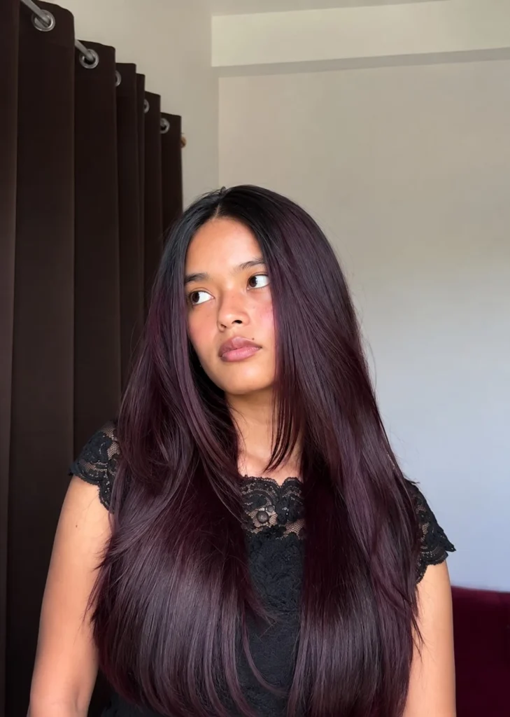 Deep plum brown hair combining brunette depth with cool purple undertones.