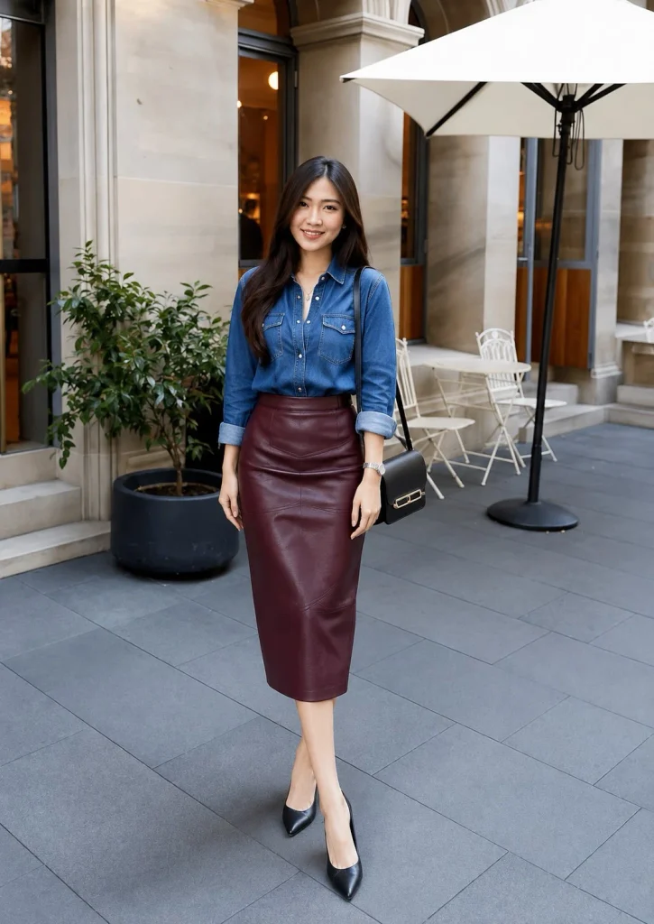Woman wearing a blue denim button-up shirt with a burgundy leather midi skirt.