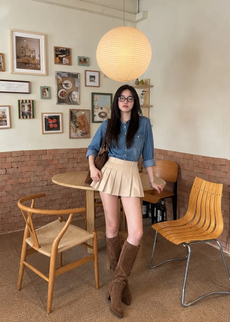 Woman wearing a blue denim button-up shirt with a champagne pleated skirt and brown suede boots.