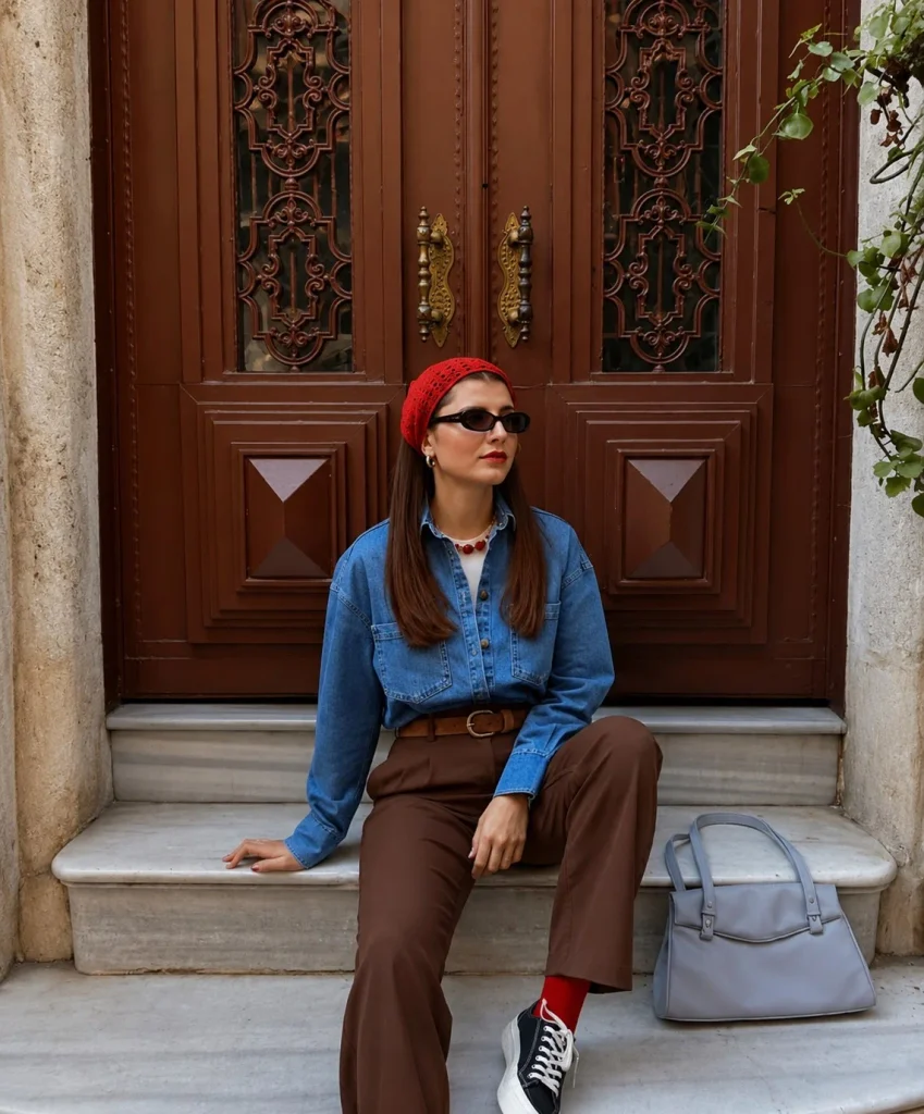 Woman wearing a blue denim button-up shirt with chocolate-brown trousers and a suede belt.
