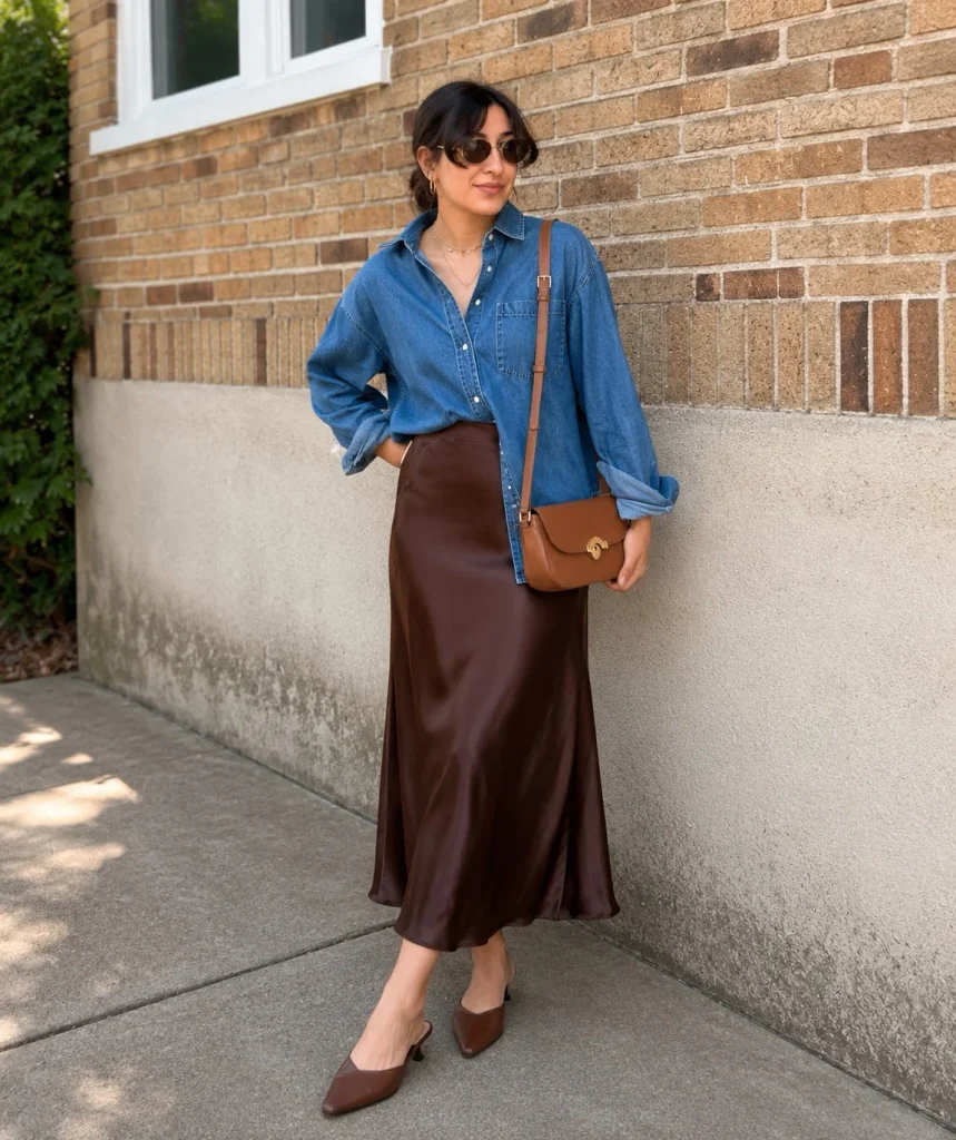 Woman wearing a blue denim button-up shirt with a chocolate satin maxi skirt and low-heeled mules.